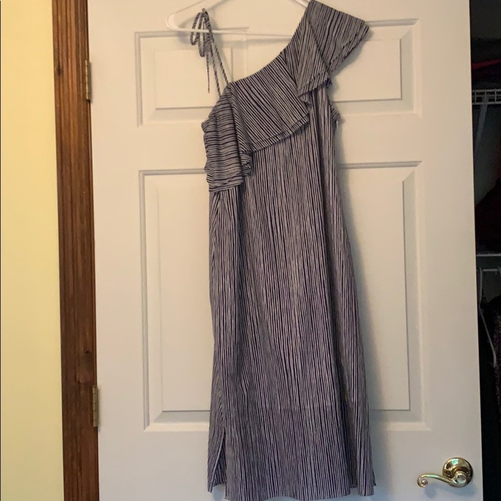 Blue and white striped midi dress.